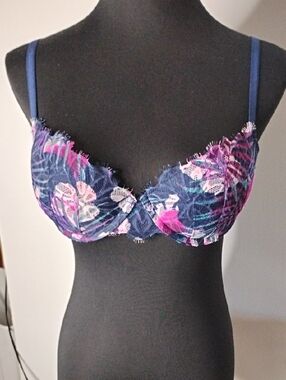 Pink Floral Navy Underwire Bra with Pink Accents